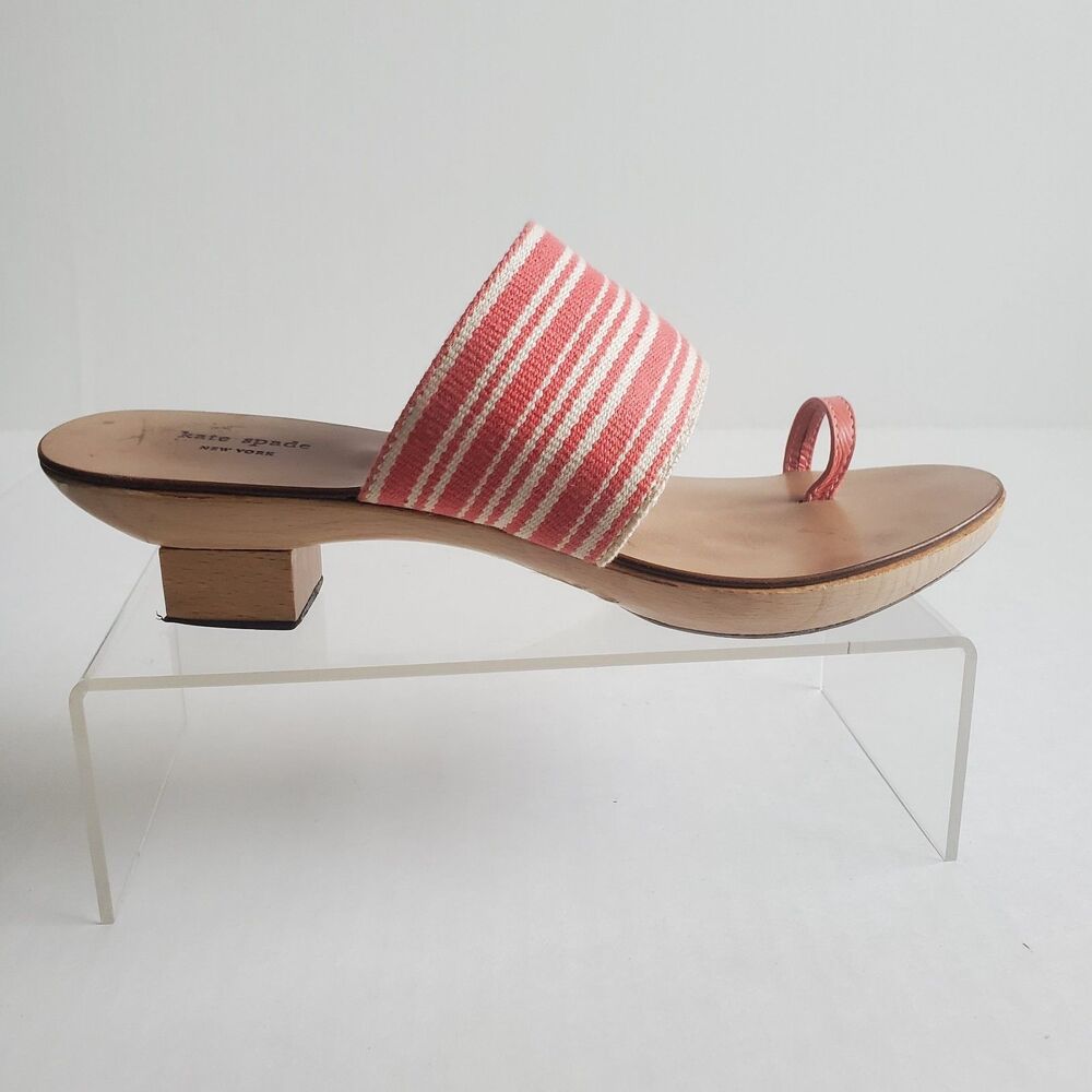 VTG Kate Spade Women’s Sandals Size 7 White Pink Stripe Wooden 2" Heel